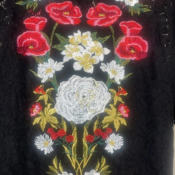 Embroidered Flowers Lace Luxury 3/4 Sleeve Midi Black lined Dress Back and front